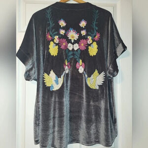 Entro Velvet Embroidered Kimono Jacket Size Medium‎ Gray Yellow Pink Bird Floral